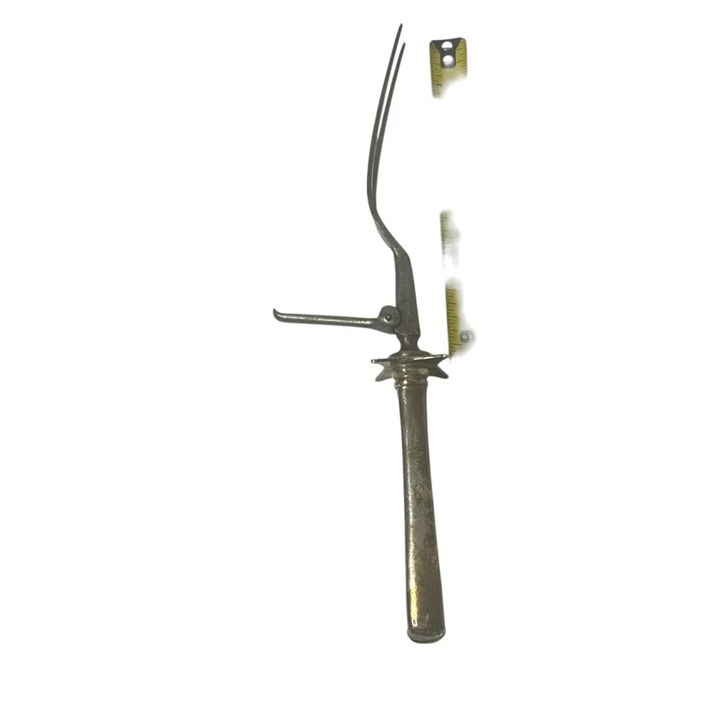 Antique‎ Monogrammed Silverplate Meat Carving Fork Hinged Guard 10 Inch